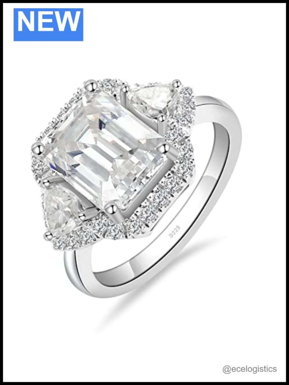 3 Stone Emerald Cut Moissanite Engagement Ring S925 Sterling Silver 18K White